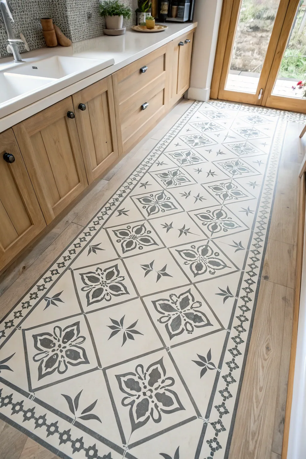 Vintage charm underfoot: a crisp stenciled kitchen floor in soft Scandinavian tones.