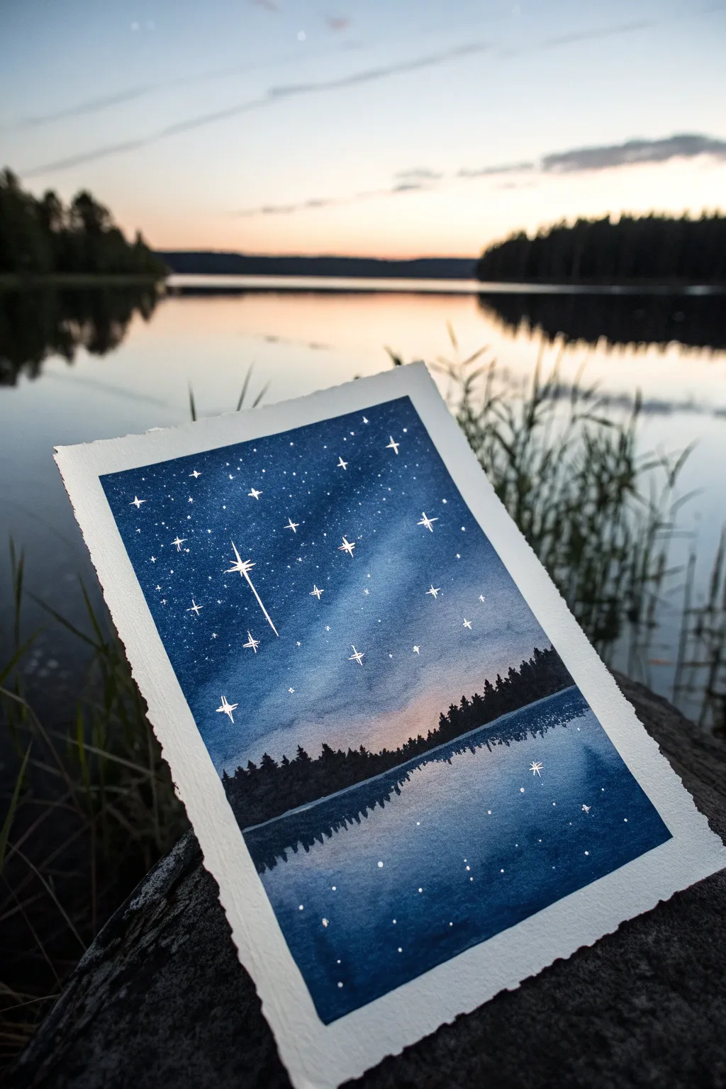 Deep indigo night lake painting with starry sky and subtle reflections, calm minimalist mood