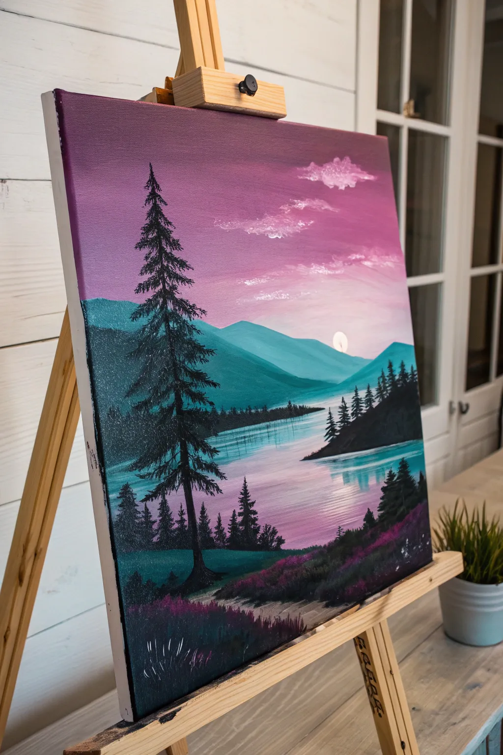 Dreamy oil landscape with teal-to-magenta sky, crisp contrast, minimalist studio vibe.