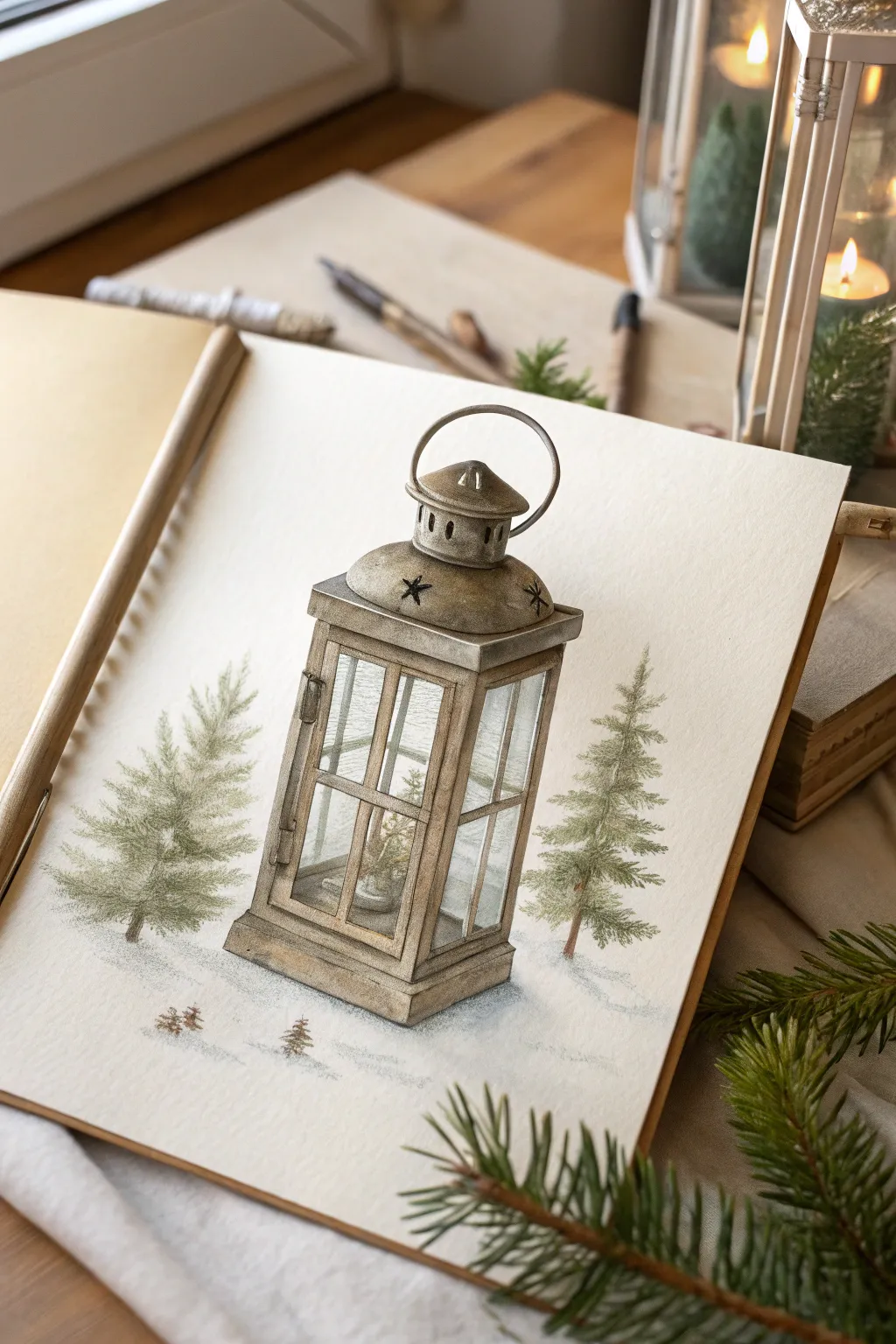 Lantern drawing idea: a realistic lantern framing a tiny forest path beneath a calm starry sky.