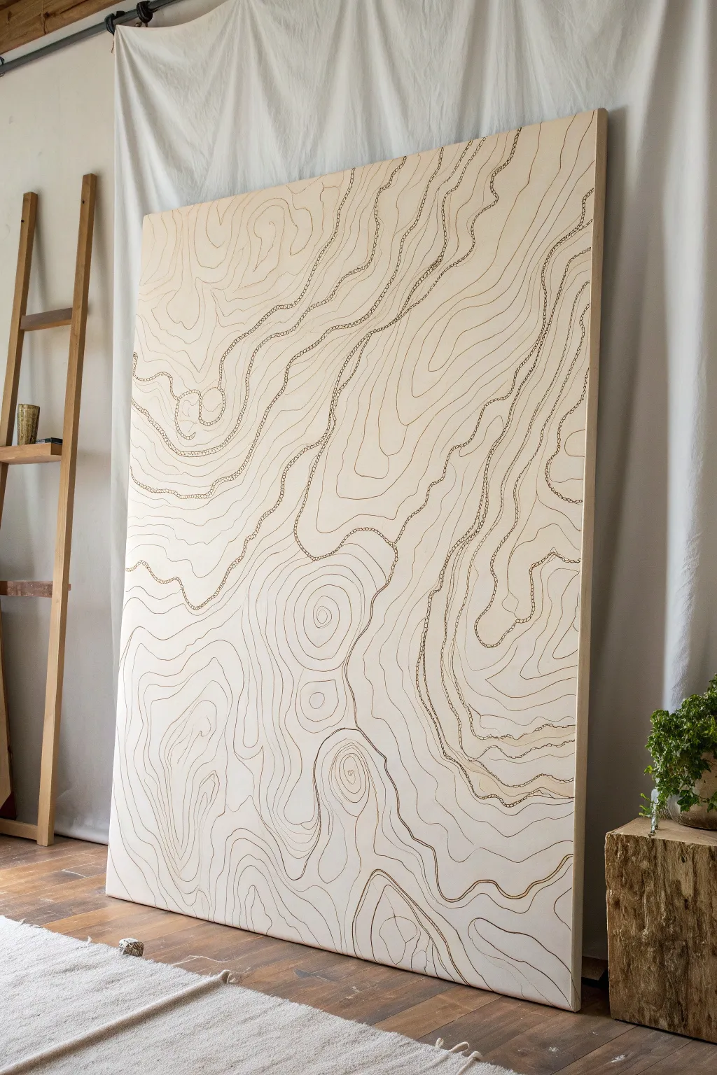 Oversized canvas with serene topographic contour lines, minimalist boho tones and crisp contrast.