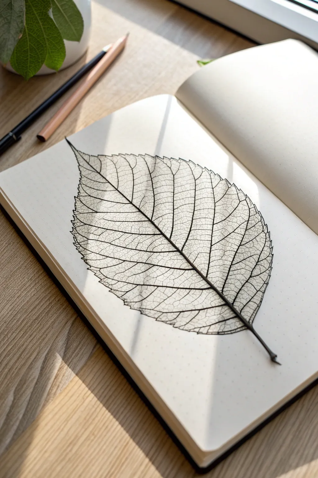 Fine-line leaf skeleton study with lace-like veins on bright paper, calm minimalist boho mood.