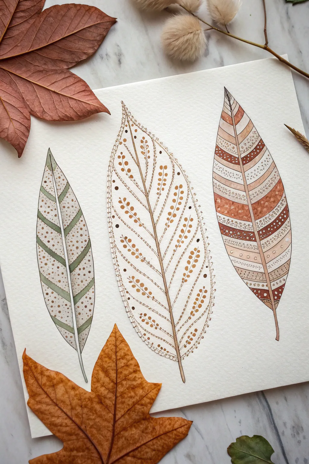 Leaf within a leaf pattern ideas: minimalist outlines filled with dots, stripes, and tiny motifs