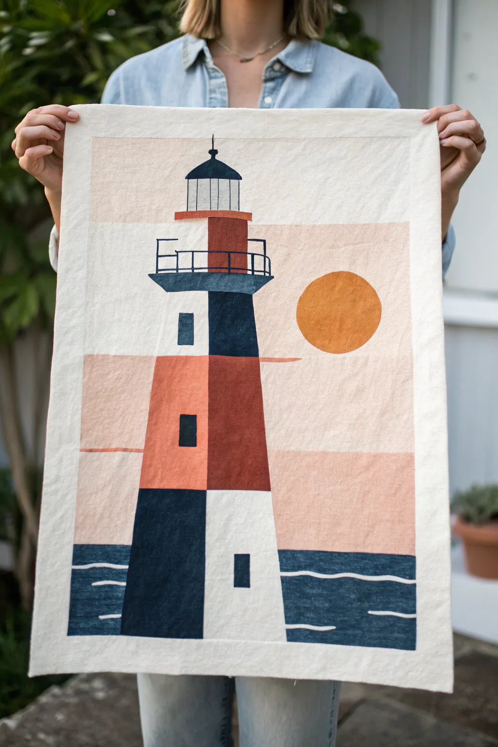 Abstract color-block lighthouse with sun disc, minimalist Scandinavian-boho contrast and calm tones