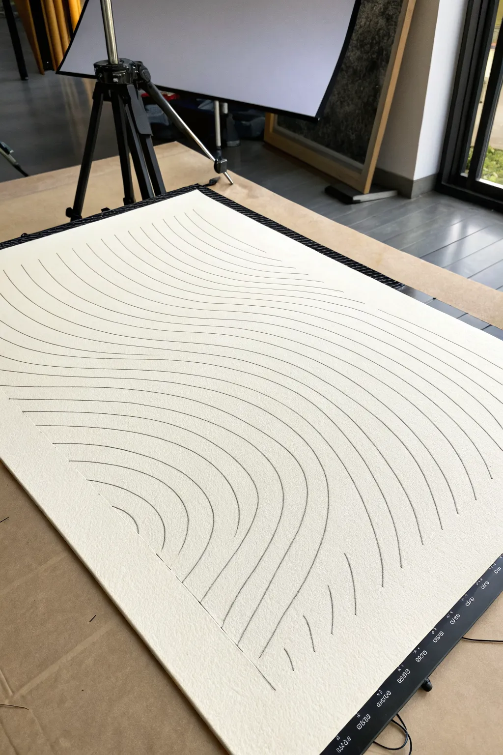 Moiré magic: overlapping line grids create calm, vibrating interference waves in minimalist ink.