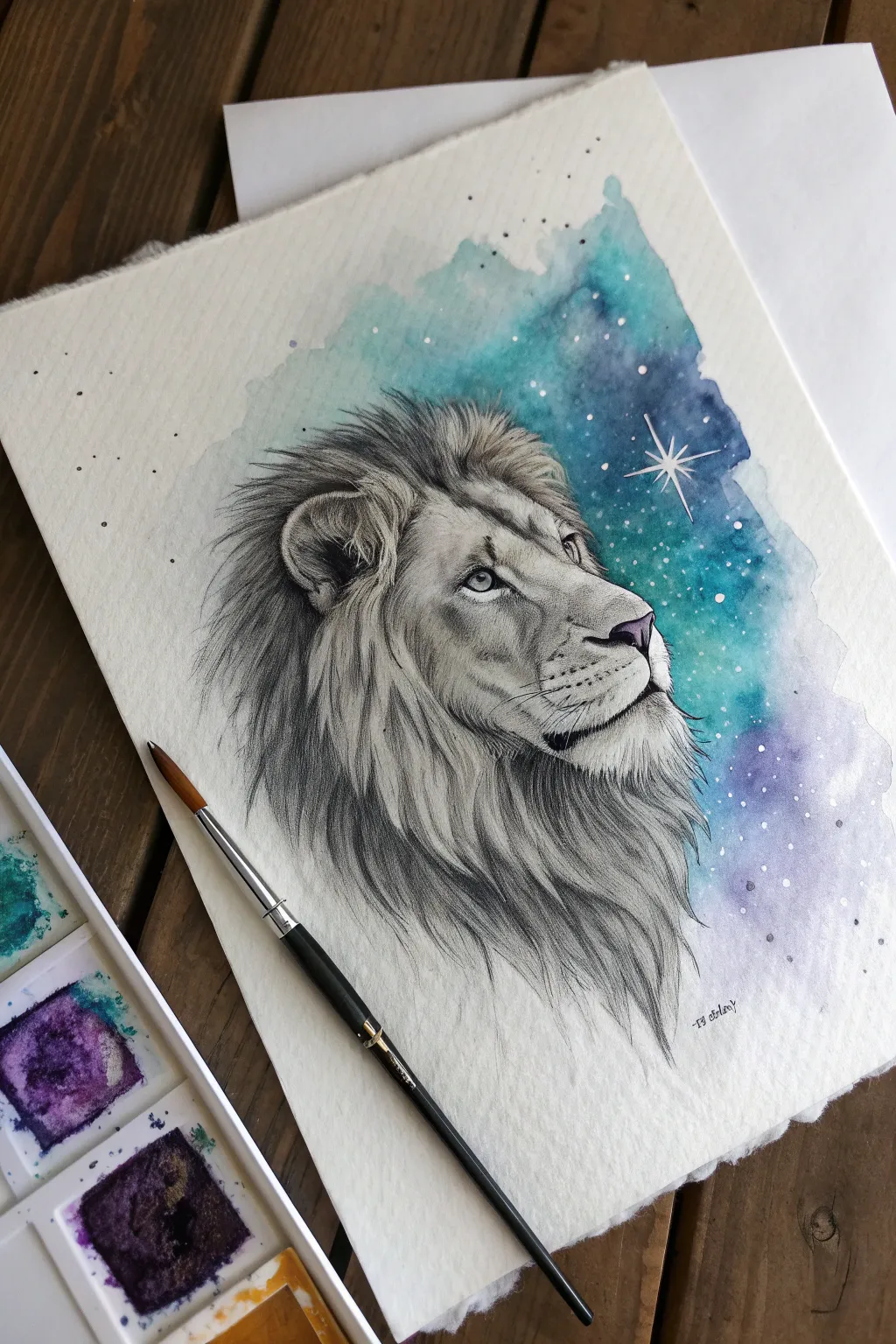 Galaxy-mane lion in indigo and stardust, a minimal monochrome face for bold contrast.