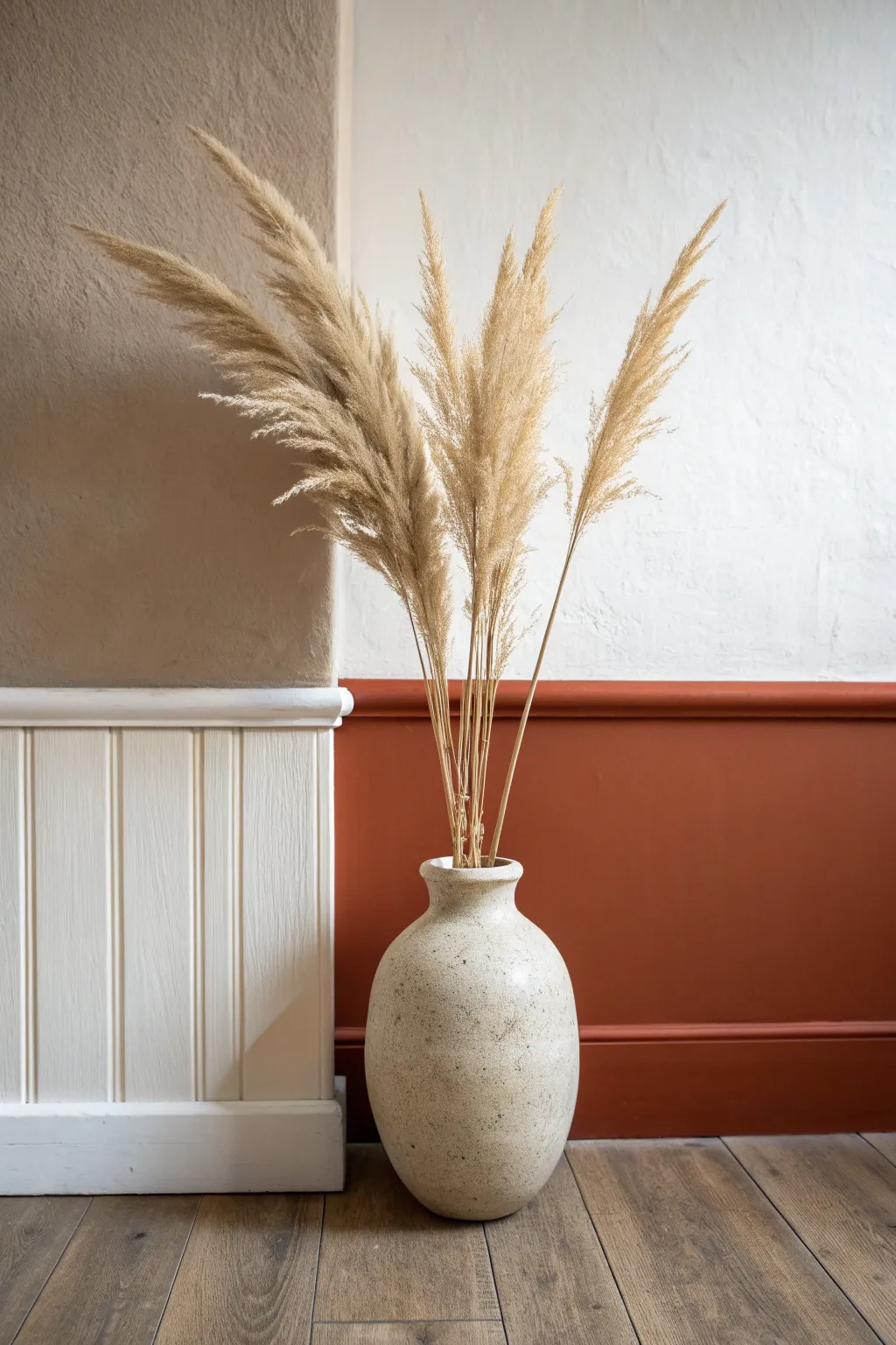 Two-tone walls with a crisp painted divider bring calm structure and cozy Nordic style.