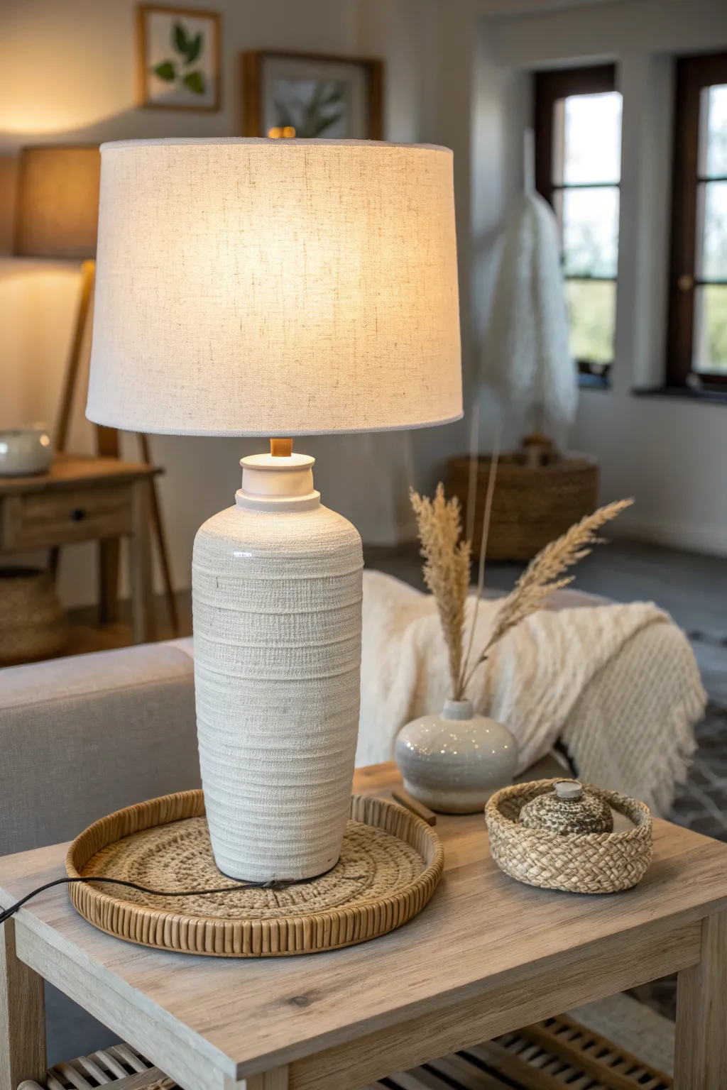 Cozy layered lighting: a handmade table lamp glowing softly in a minimalist boho living room.
