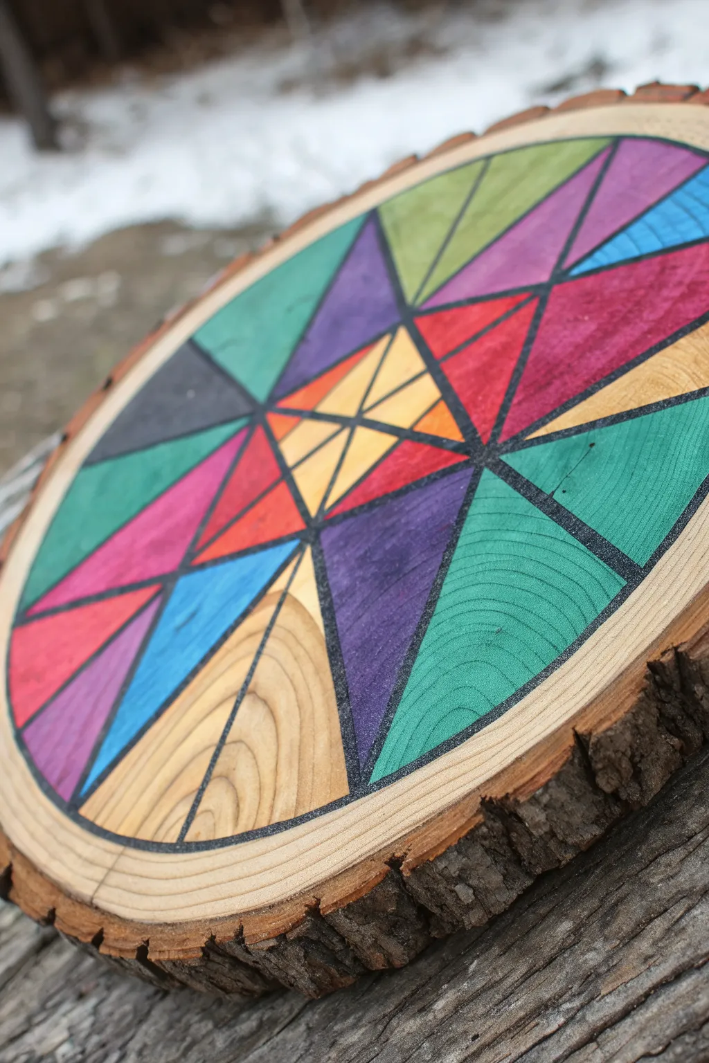 Geometric stained-glass log round in jewel tones with bold black lines, simple boho charm.