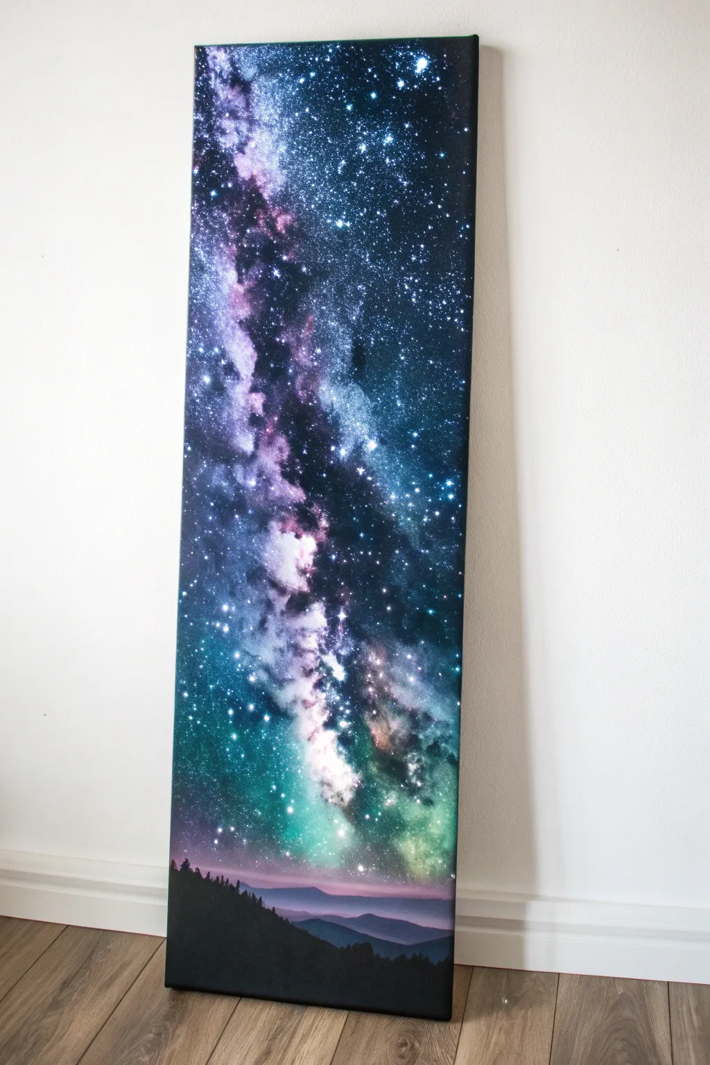 Paint a vertical galaxy with layered light streaks and soft nebula clouds for striking contrast.