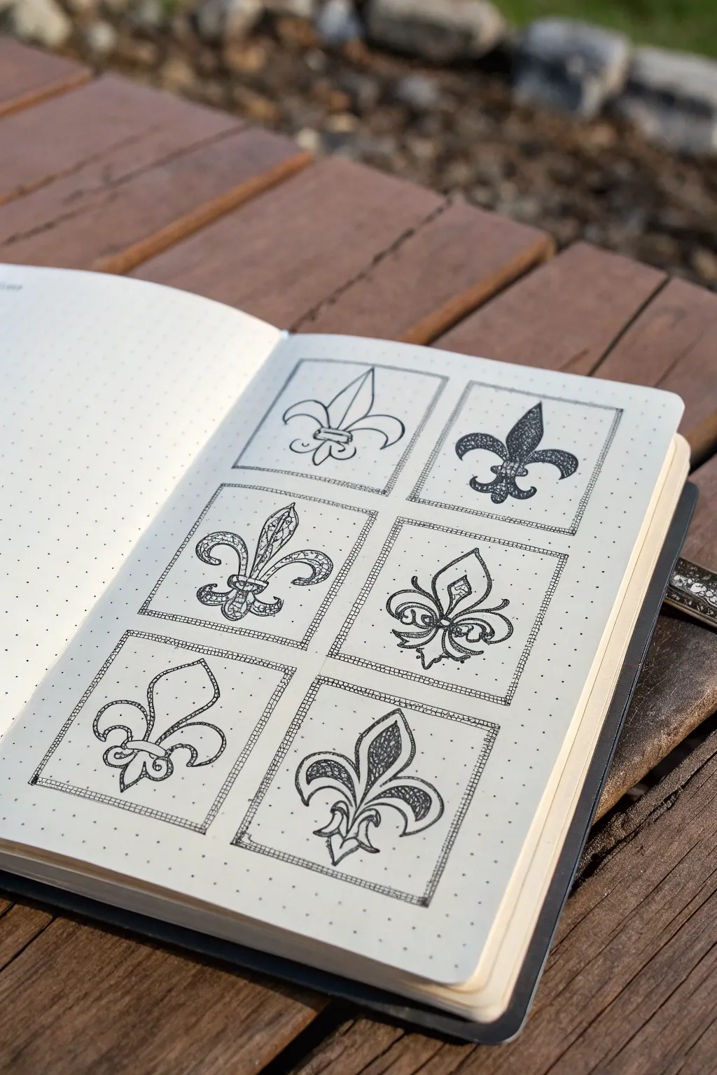 Louisiana inspired ink pattern tiles in a neat 3x3 sketchbook grid, bold and minimal.