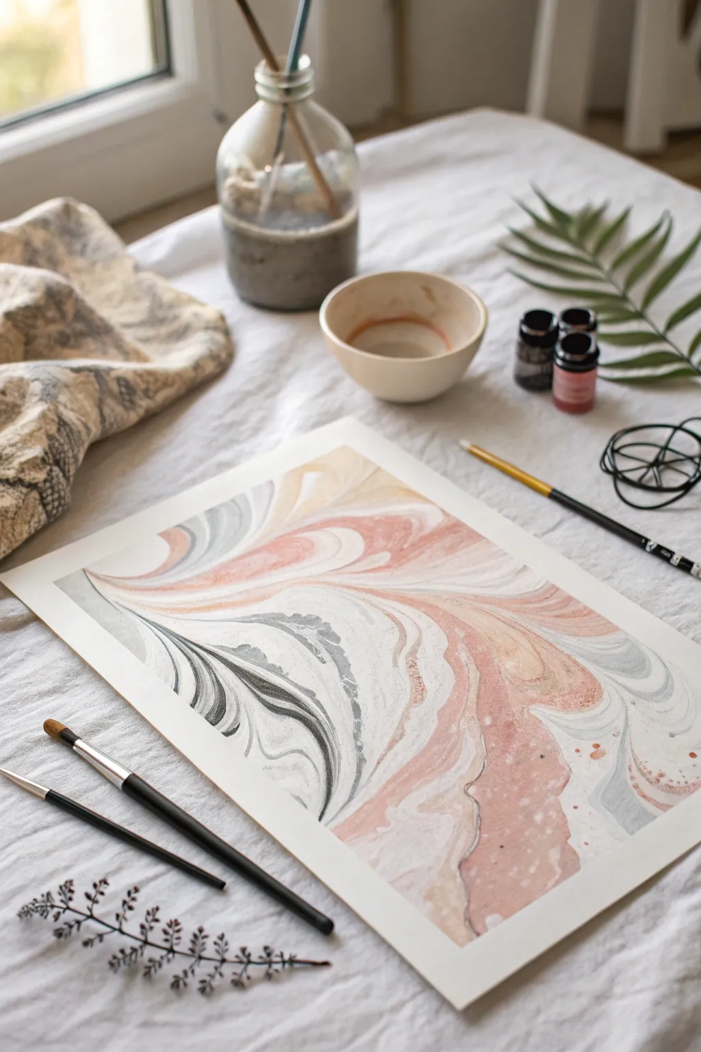 Minimalist ink linework transforms soft marble trails into a modern boho mixed media piece.