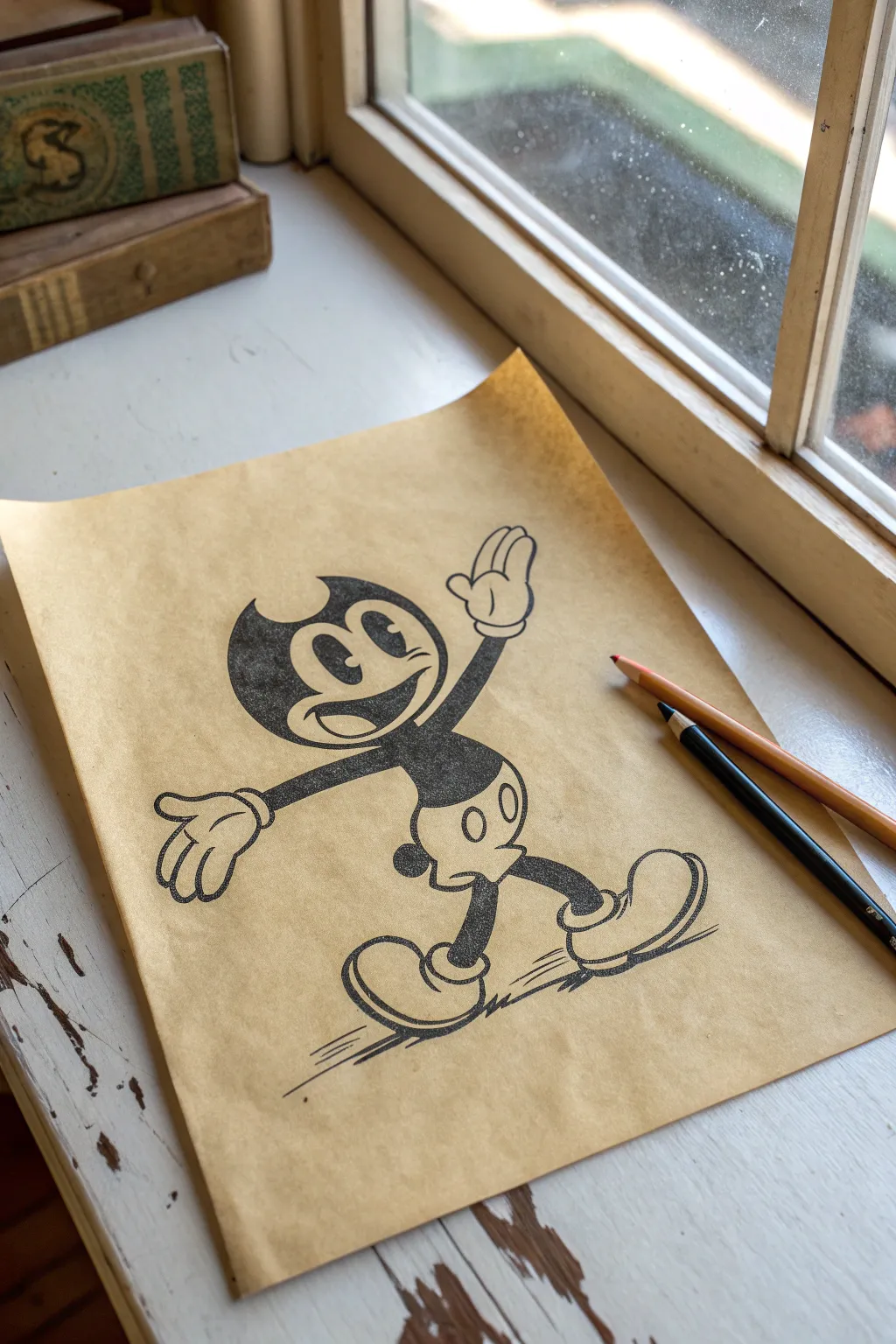 Retro rubber-hose mascot sketch on aged paper, pie-cut eyes, bold lines, sweet nostalgic vibe