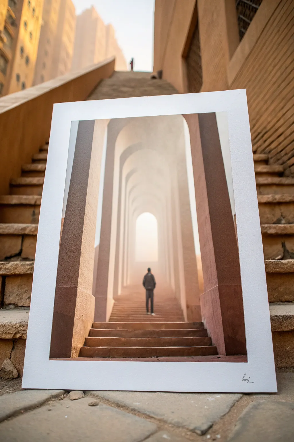 Matte painting idea: a tiny figure before an infinite staircase city, graded haze and bold contrast