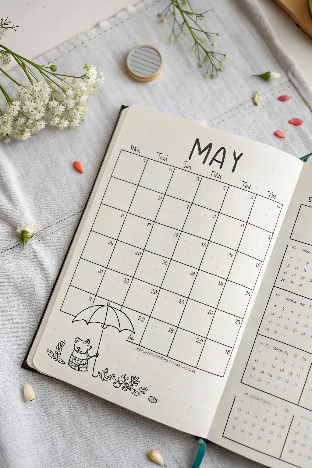 Minimal May grid with a cute umbrella animal, tiny raindrops, and simple spring flowers.