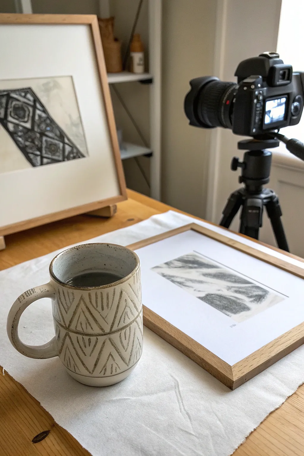 Monochrome mug value study in charcoal and acrylic wash, focused on bold light and shadow.