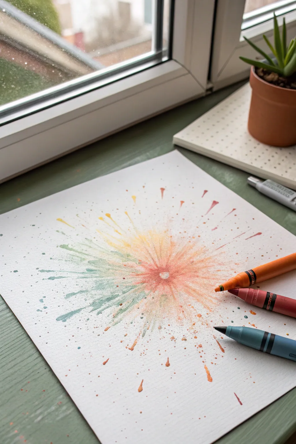 Melted crayon burst radiating from a clean negative-space circle, bold yet minimal.