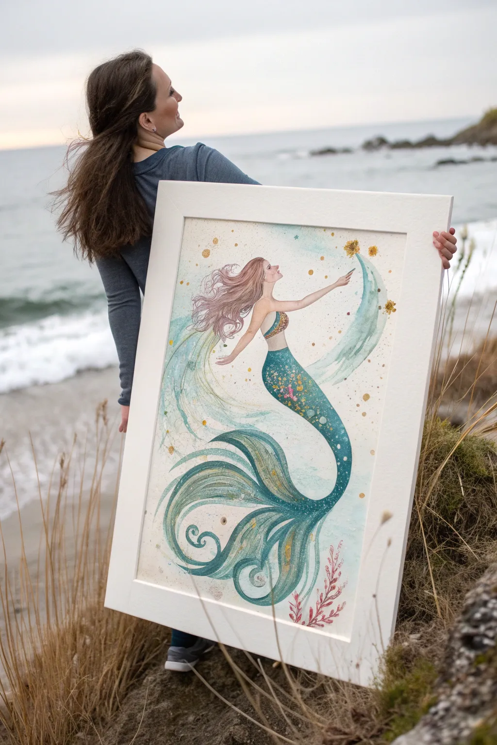Abstract mermaid swirls in a calm teal palette, minimalist motion with a boho shimmer.