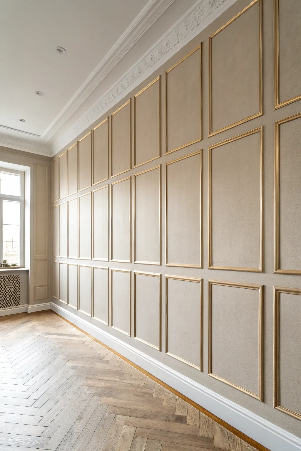 Matte panels edged in champagne metallic lines create a tailored, softly luminous wall moment
