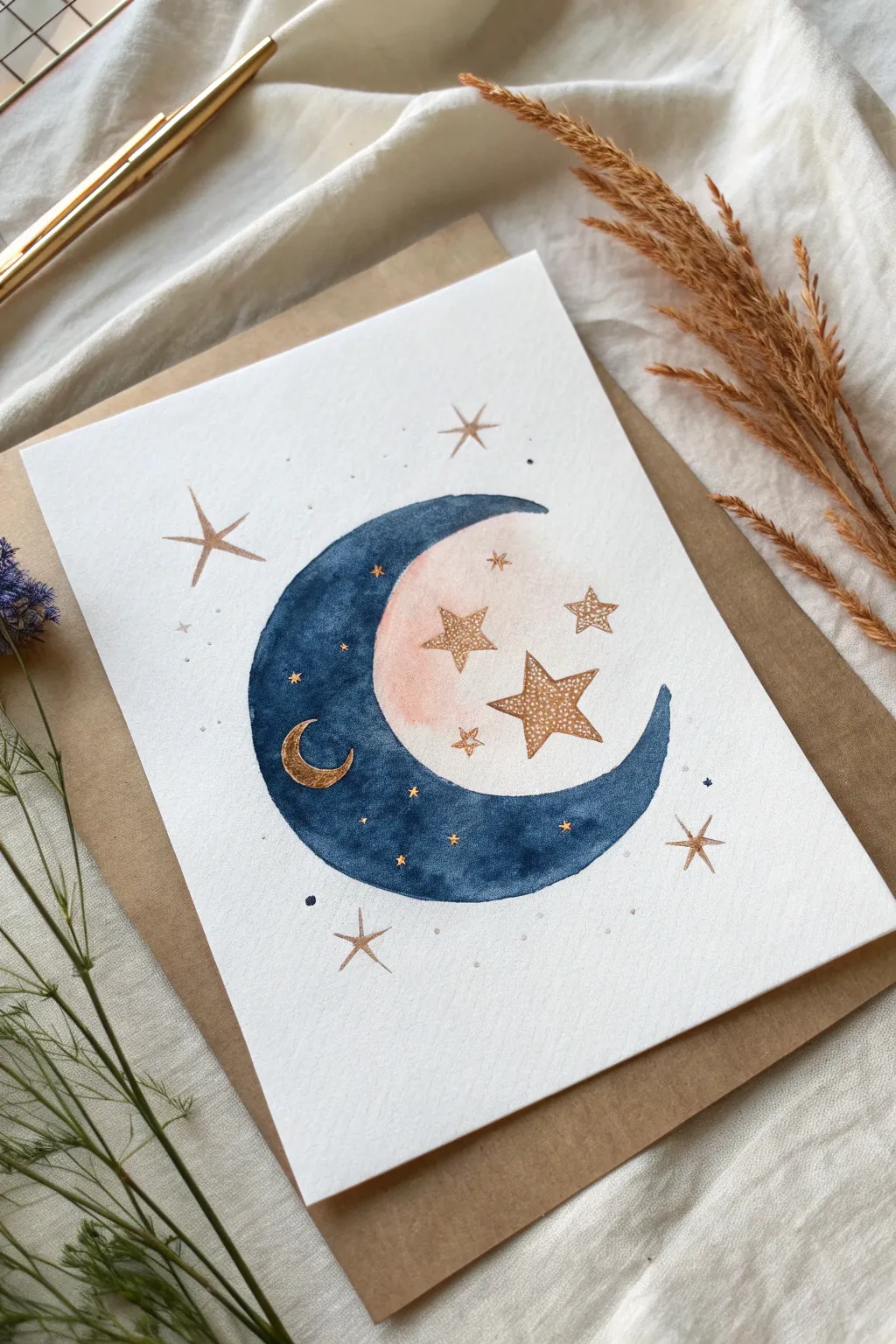 Crisp masked moons and stars glow with metallic watercolor against a deep, moody wash.