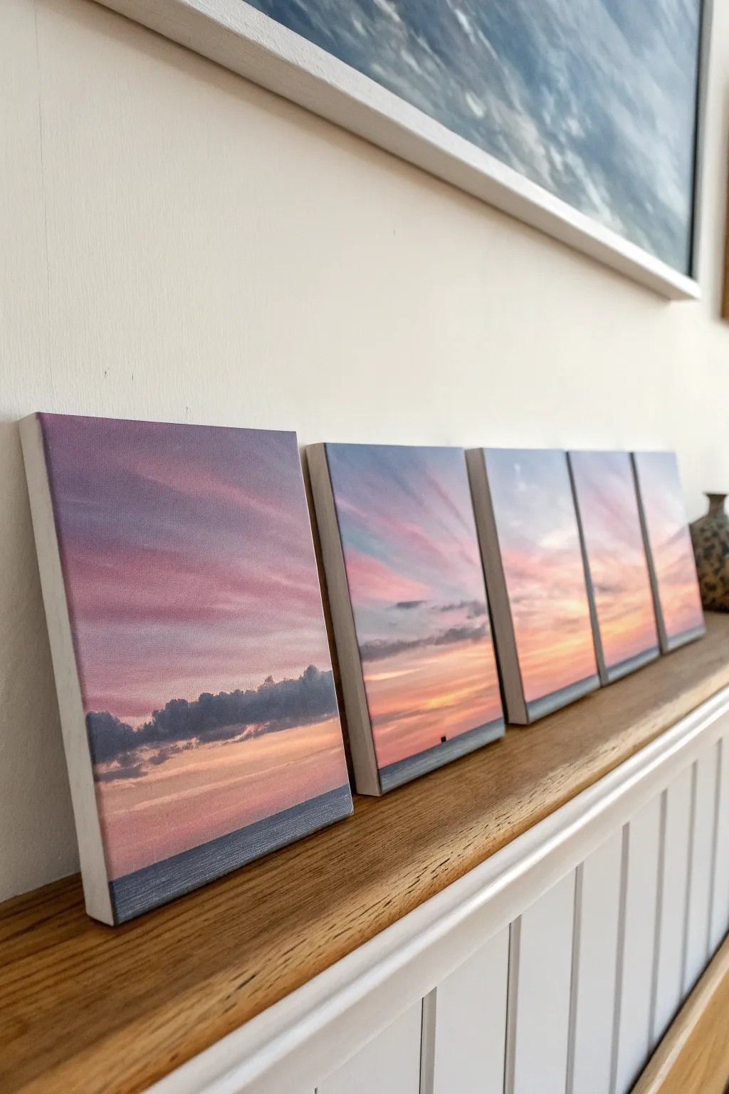 A calming mini canvas panorama: five tiny skies flowing together in soft Scandinavian-boho style.