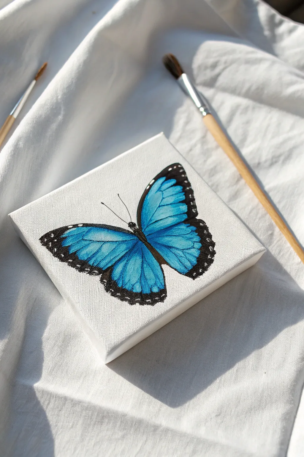 Capture nature's beauty with this intricate blue butterfly mini canvas idea.