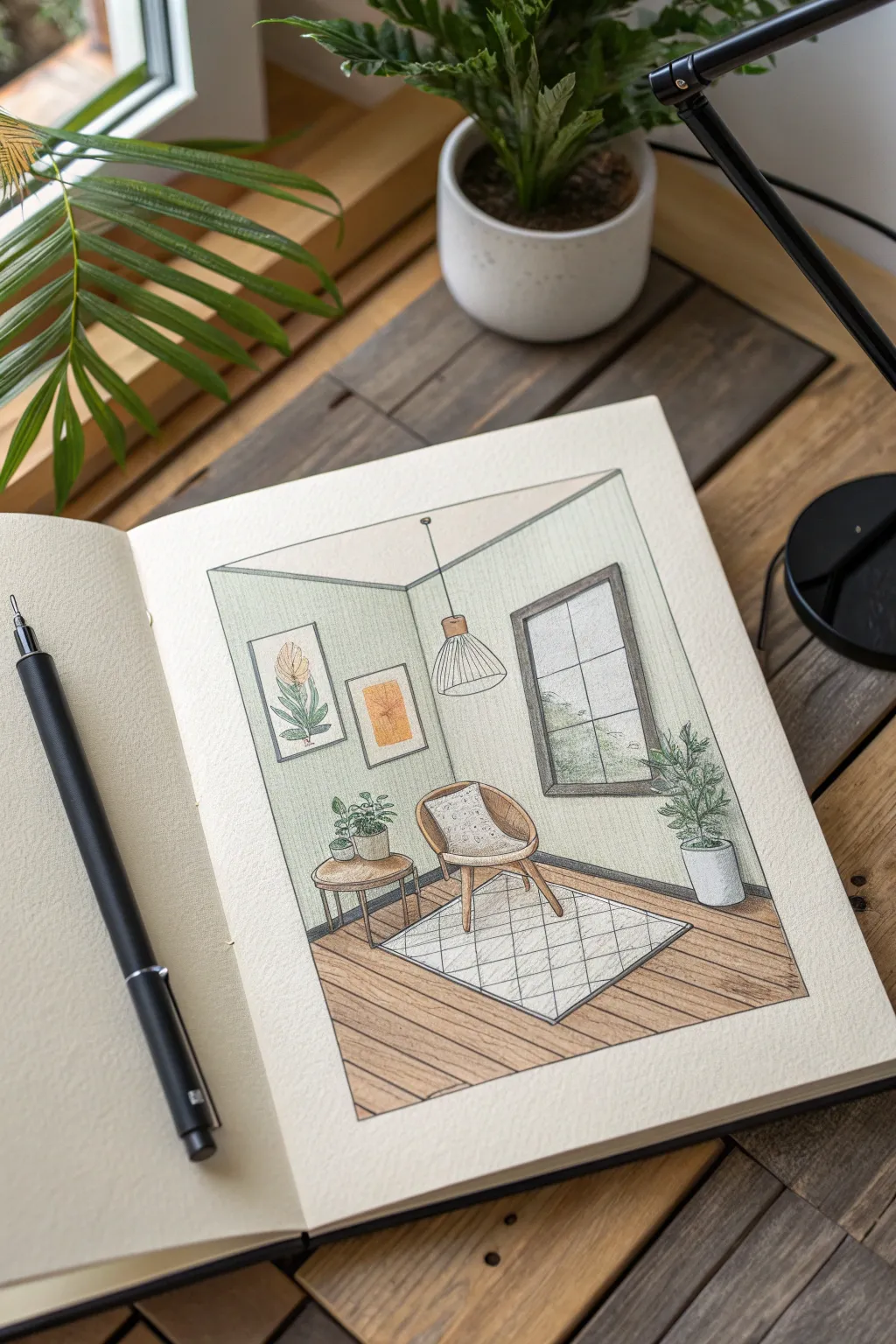 Mini isometric room corner with chair, plant, and lamp in clean shapes and soft shadows.