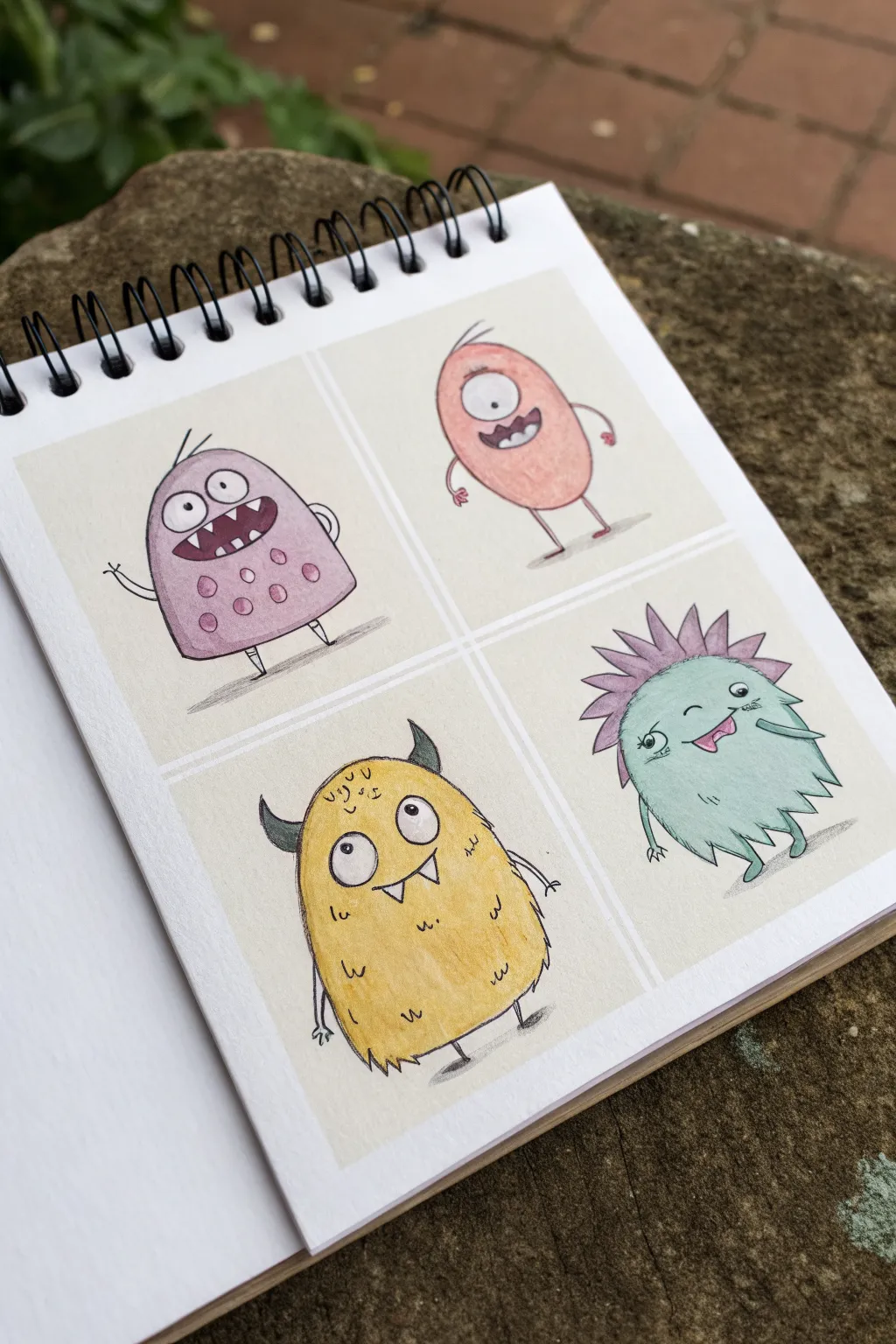 Four minimalist emotion monsters using color and shape language for an easy, cute art idea.
