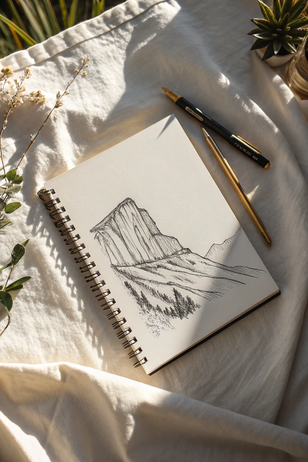 Ink crosshatching brings a dramatic cliff face to life with clean highlights and bold shadows