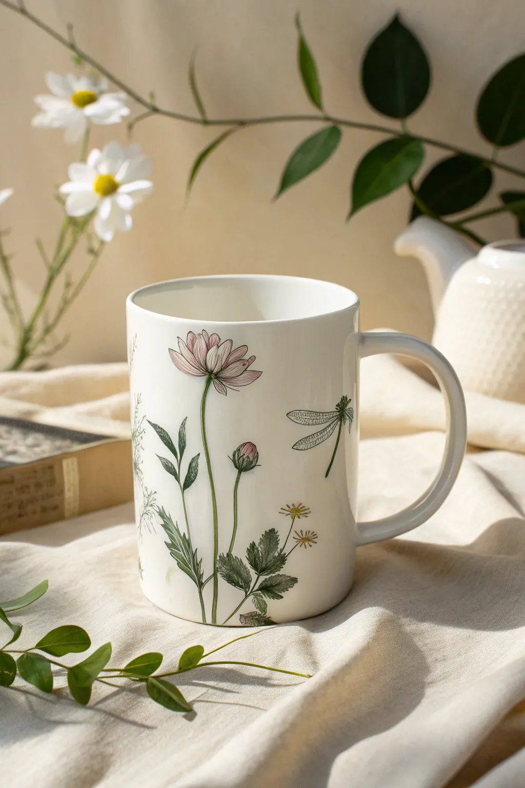 Botanical floral mug with a delicate dragonfly accent for serene, minimalist mug painting inspo