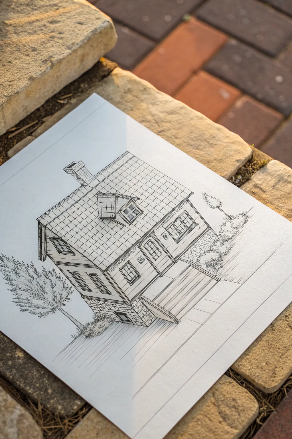 Isometric mushroom house blueprint sketch with clean lines and soft shading for cozy design ideas