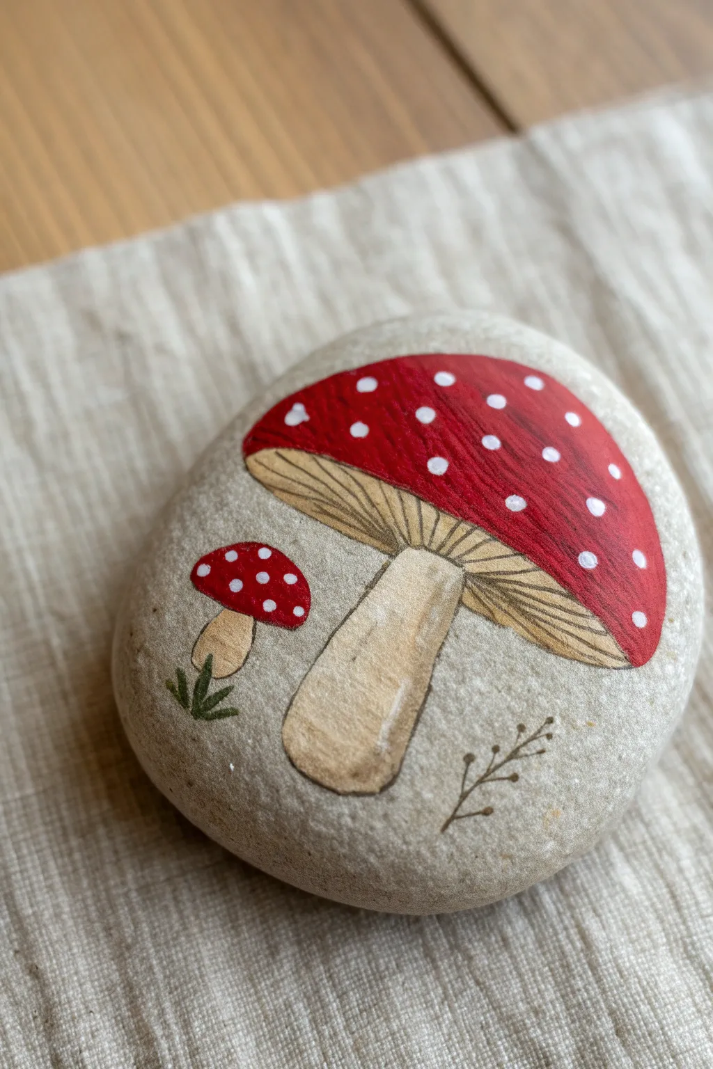 Bright mushroom rock painting on smooth stone, styled in soft Scandinavian boho light.