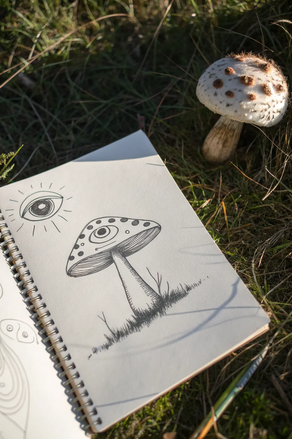 Eyed mushroom drawing with crisp light and a mismatched shadow shaped like a larger many-eyed face