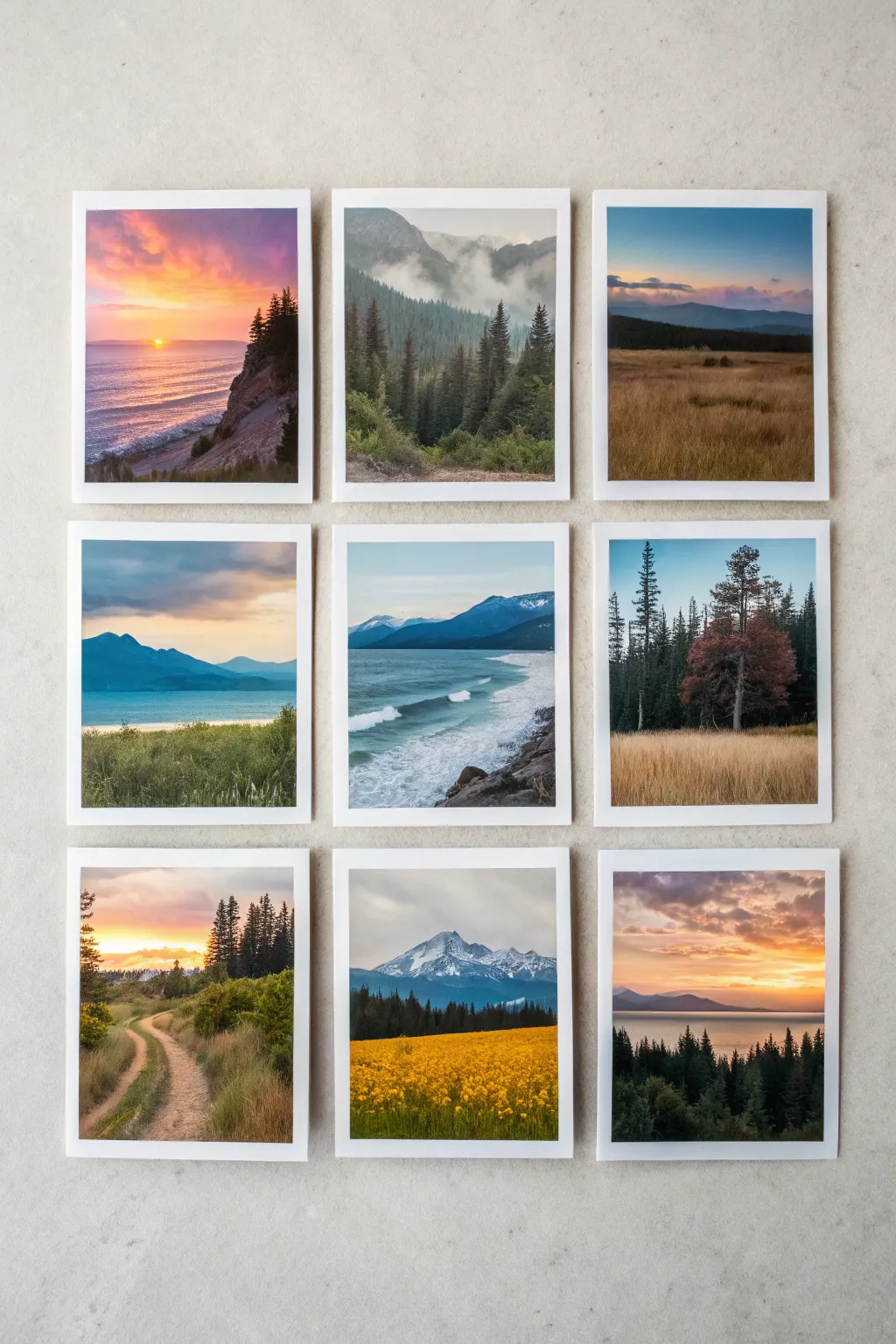 Nine mini nature window paintings arranged in a soothing grid, minimalist Scandinavian boho style