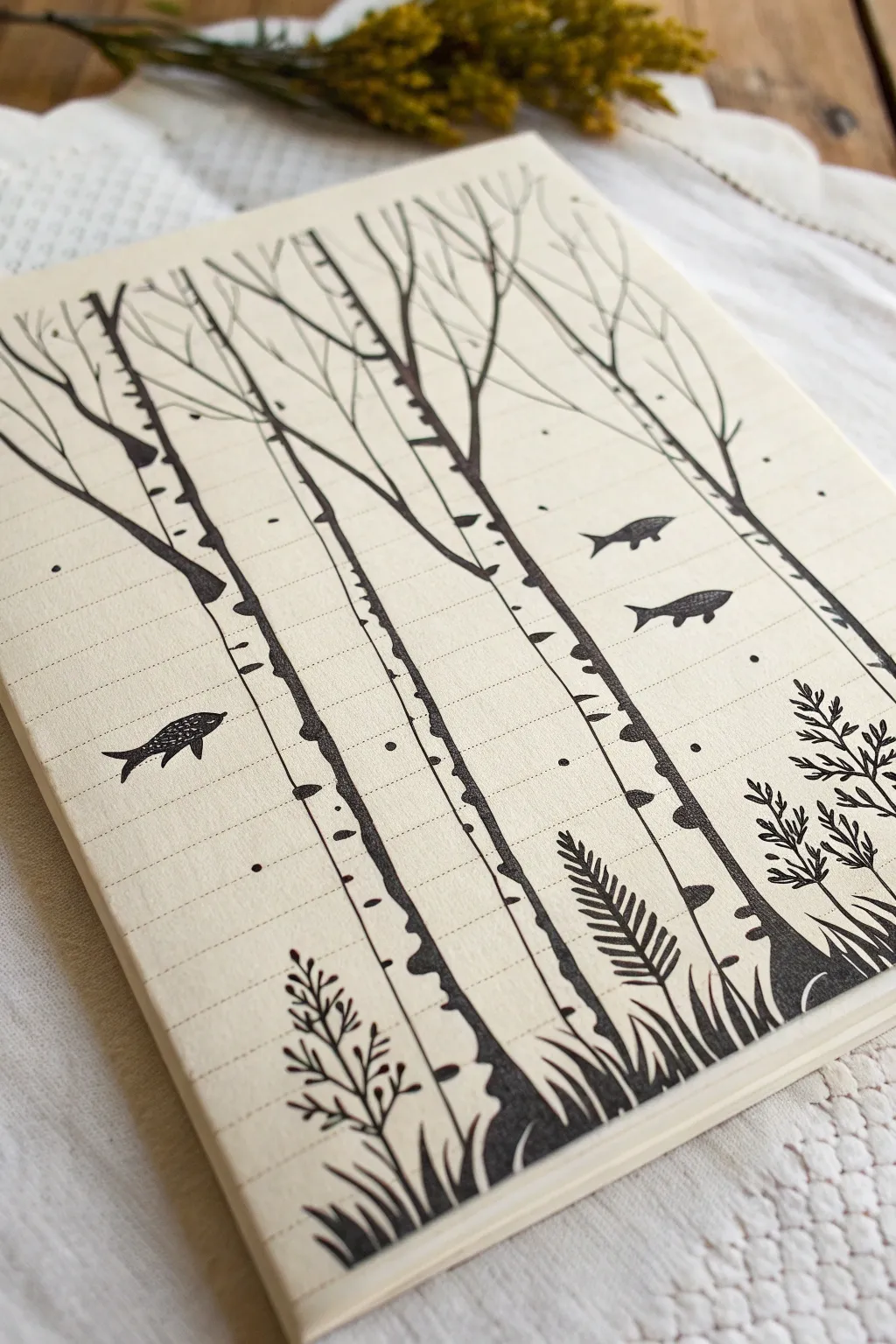 Dual-reality ink drawing: forest silhouettes where negative space instantly becomes a school of fish