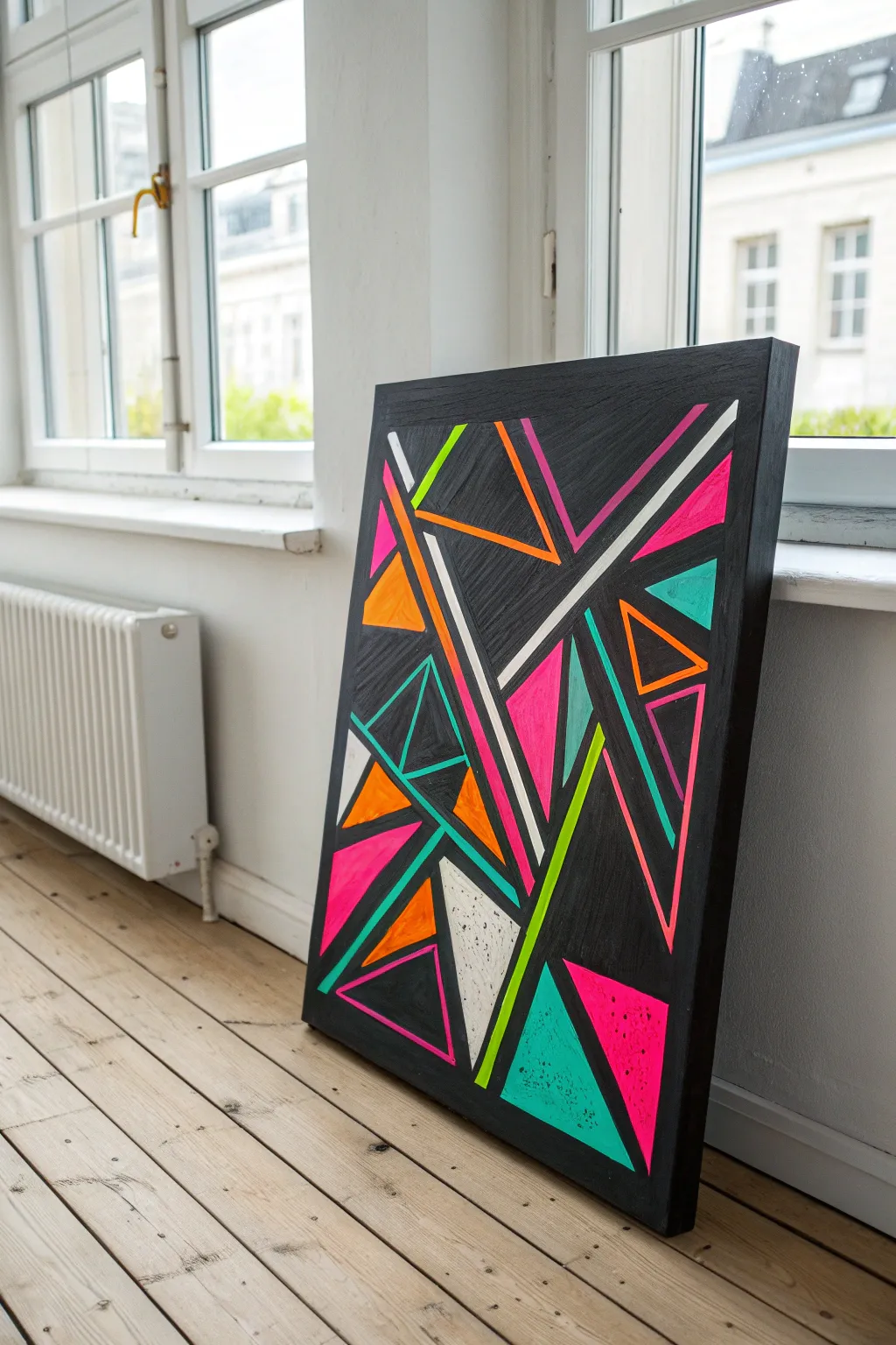 Palette-knife neon shards on black canvas, thick texture and crisp white underglow.