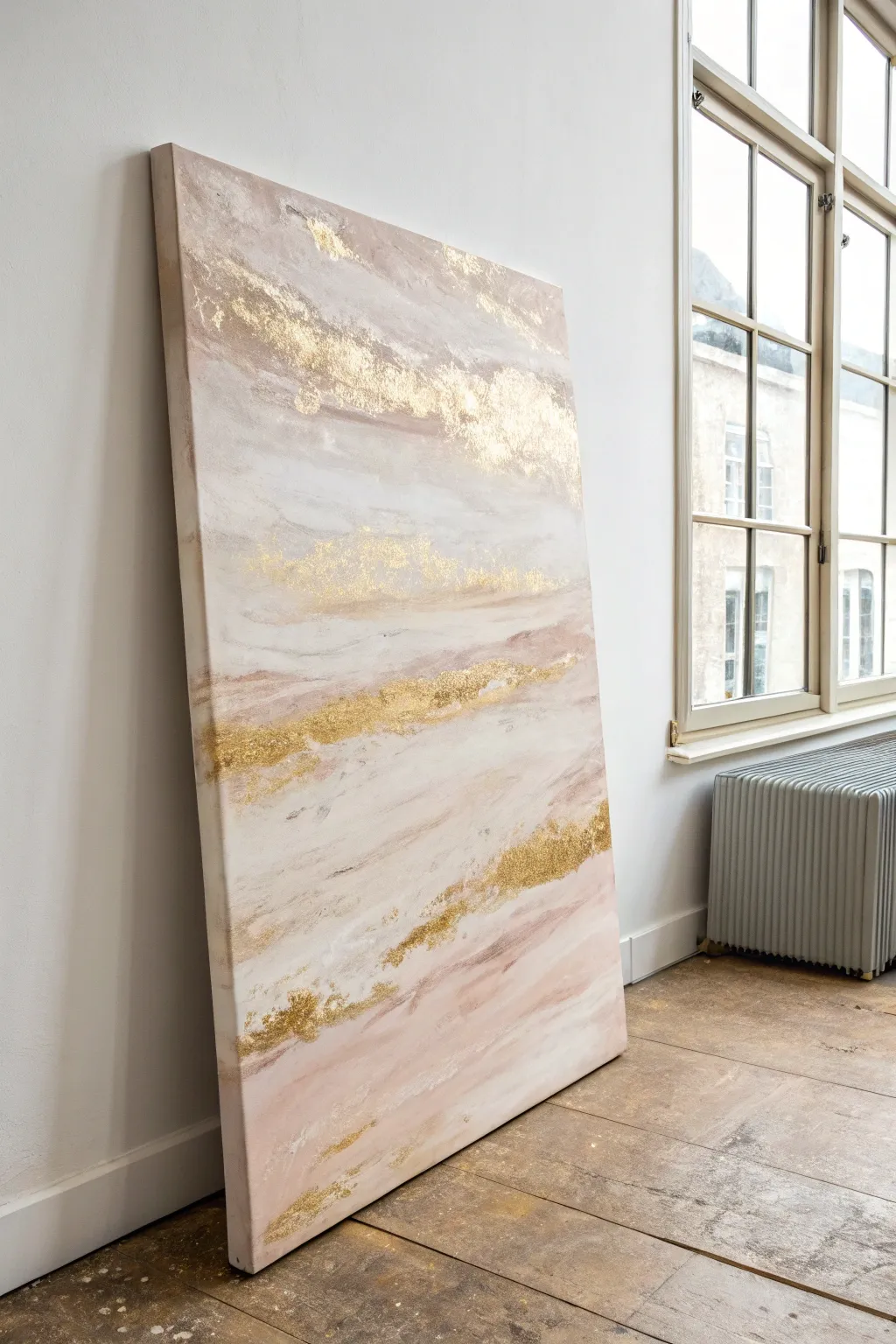 Creamy neutral abstract with whisper-soft gold accents, minimalist boho shimmer for calm walls