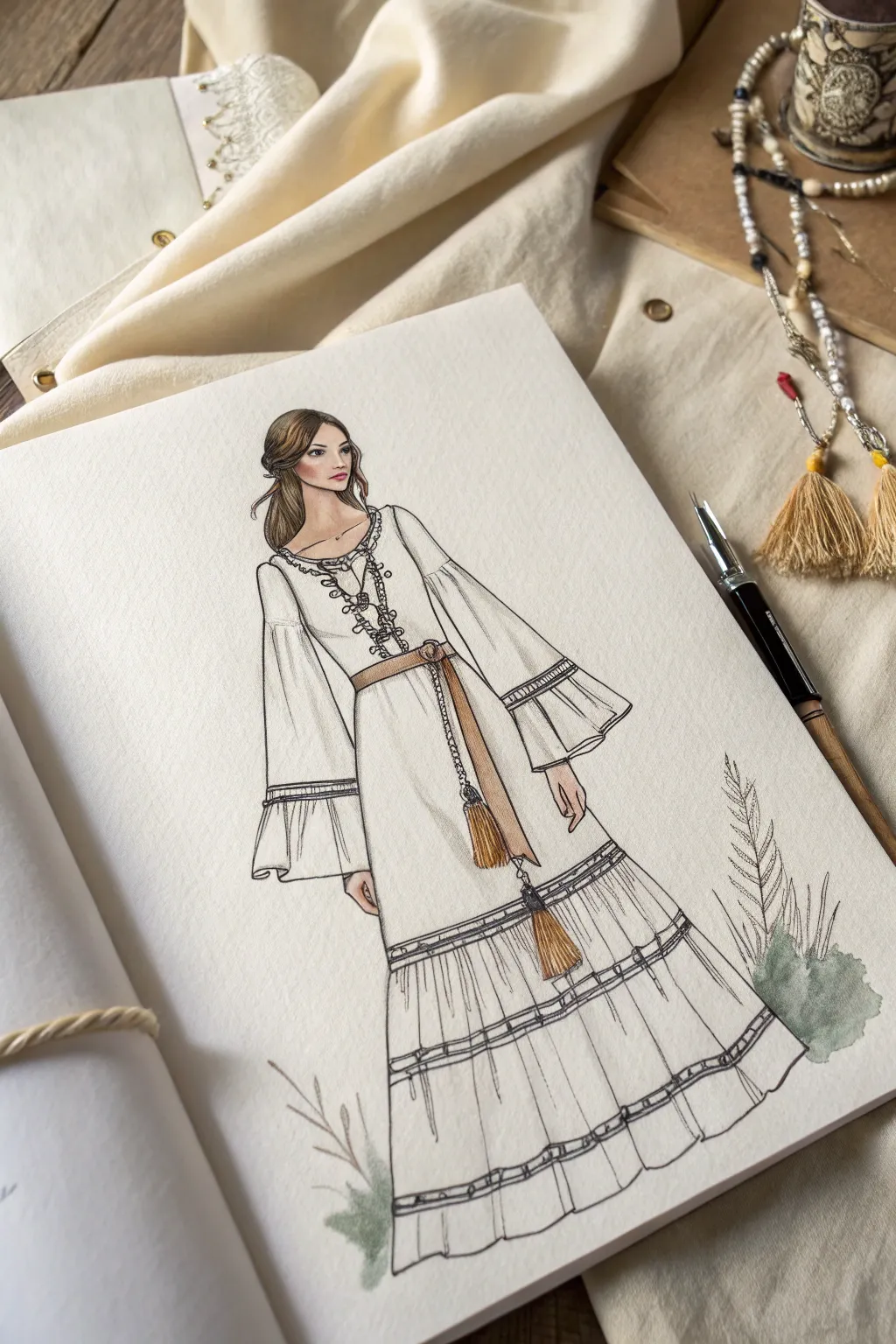 Minimal boho mage outfit sketch with flowing layered robes, tassels, and elegant sleeve flares