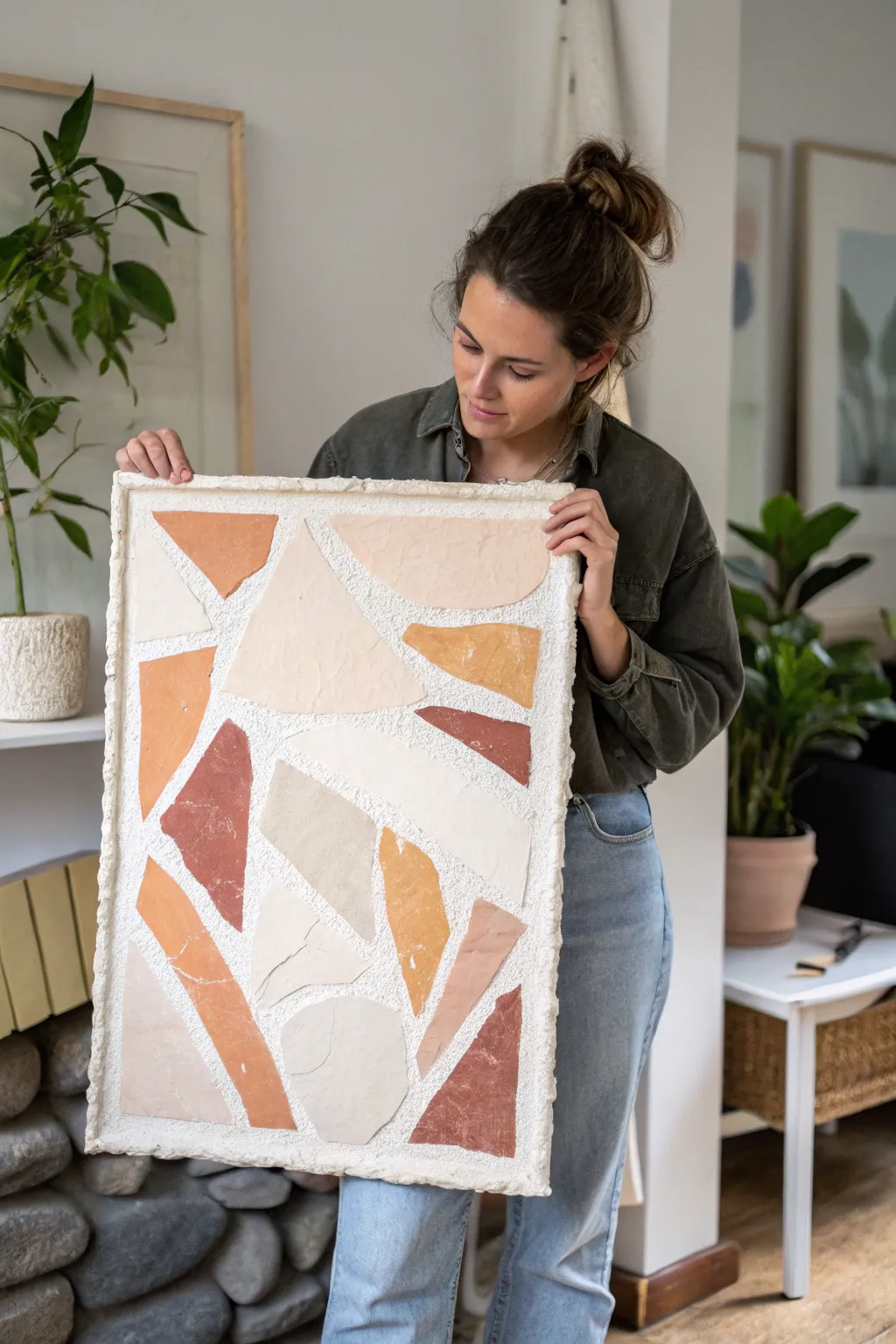 Torn-paper layers and soft paint washes merge into one cohesive, minimalist canvas artwork.