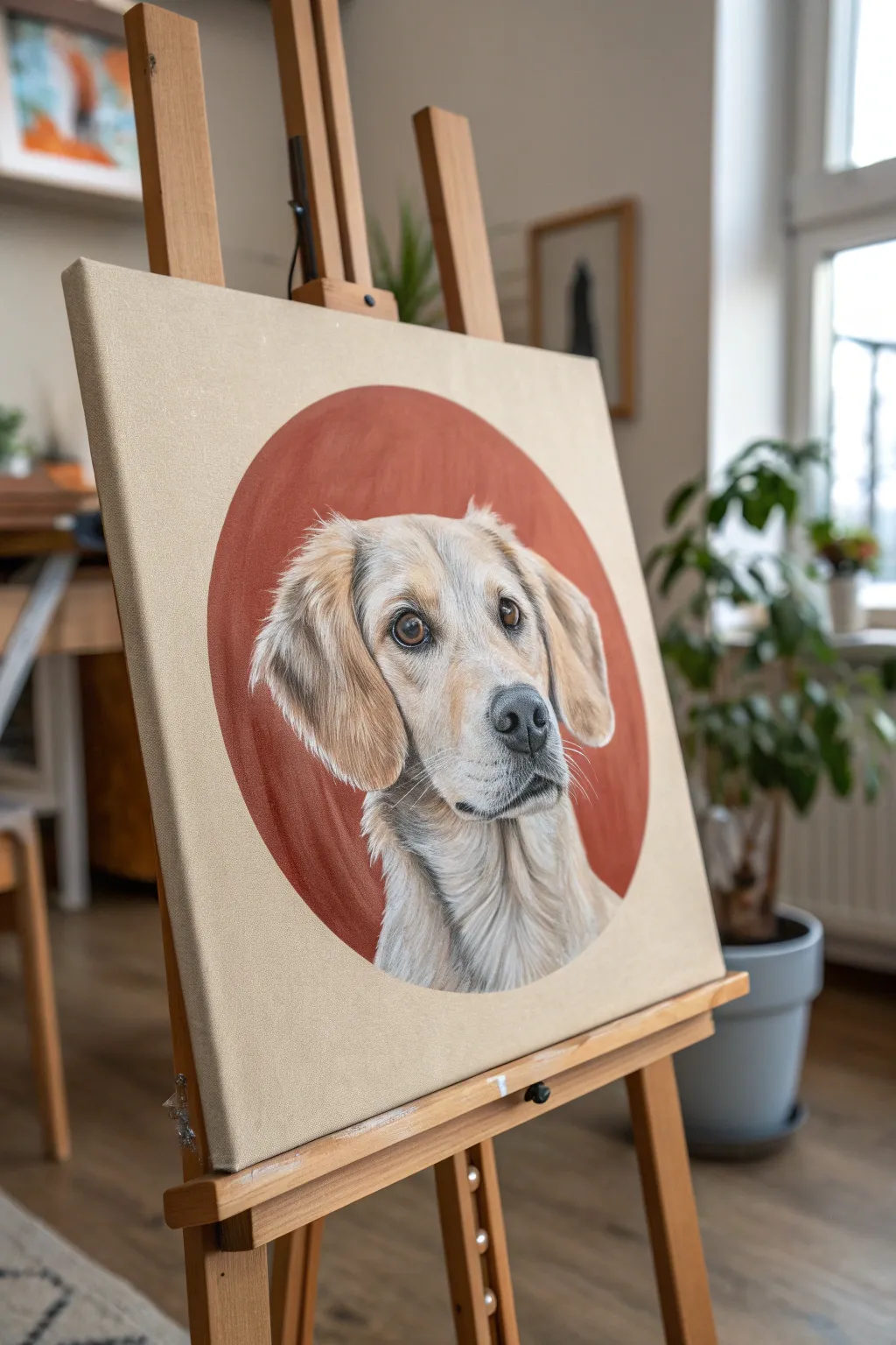 Paint Your Pet party portrait with a pre-sketched outline, simple color blocks, and a bold halo