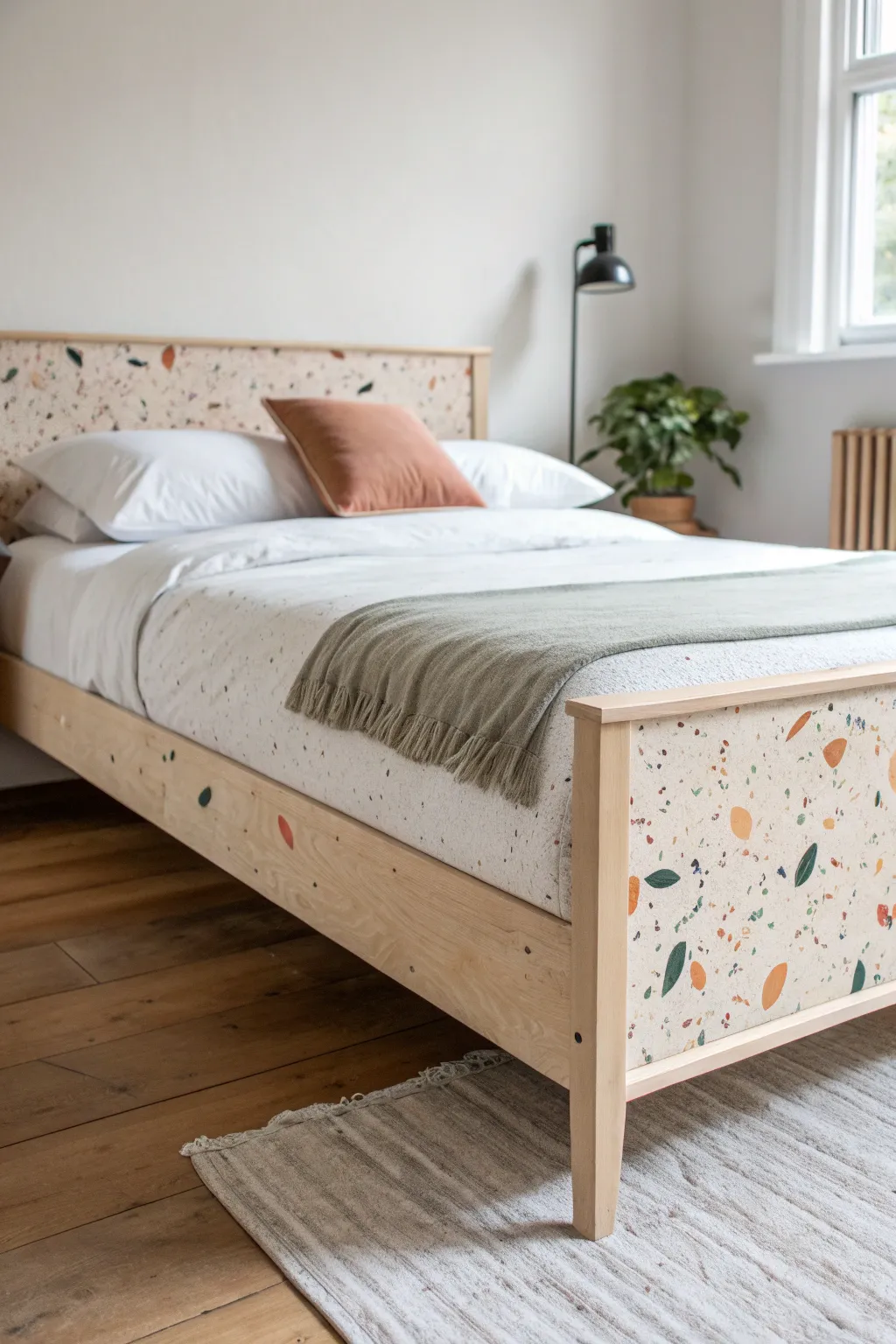 Speckled terrazzo bed frame finish: ivory base with blush, sage, and charcoal flecks.
