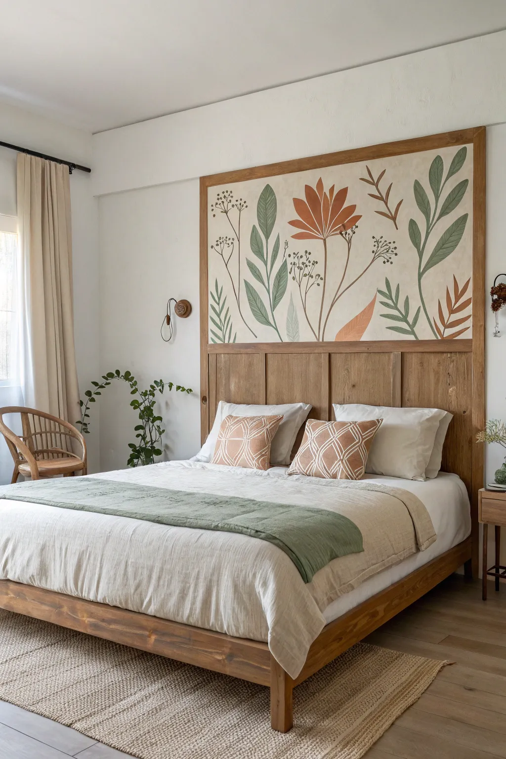 Hand-painted mural headboard turns a simple bed into calm Scandinavian boho art, DIY-ready.