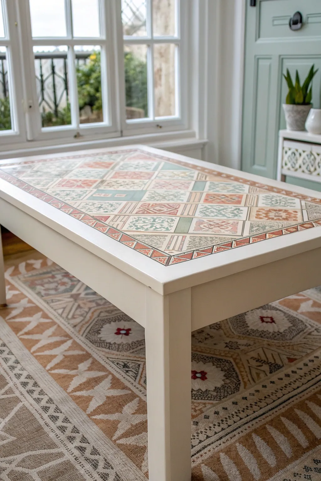 Decoupage coffee table top with a glossy sealed finish and a calm, minimalist painted base
