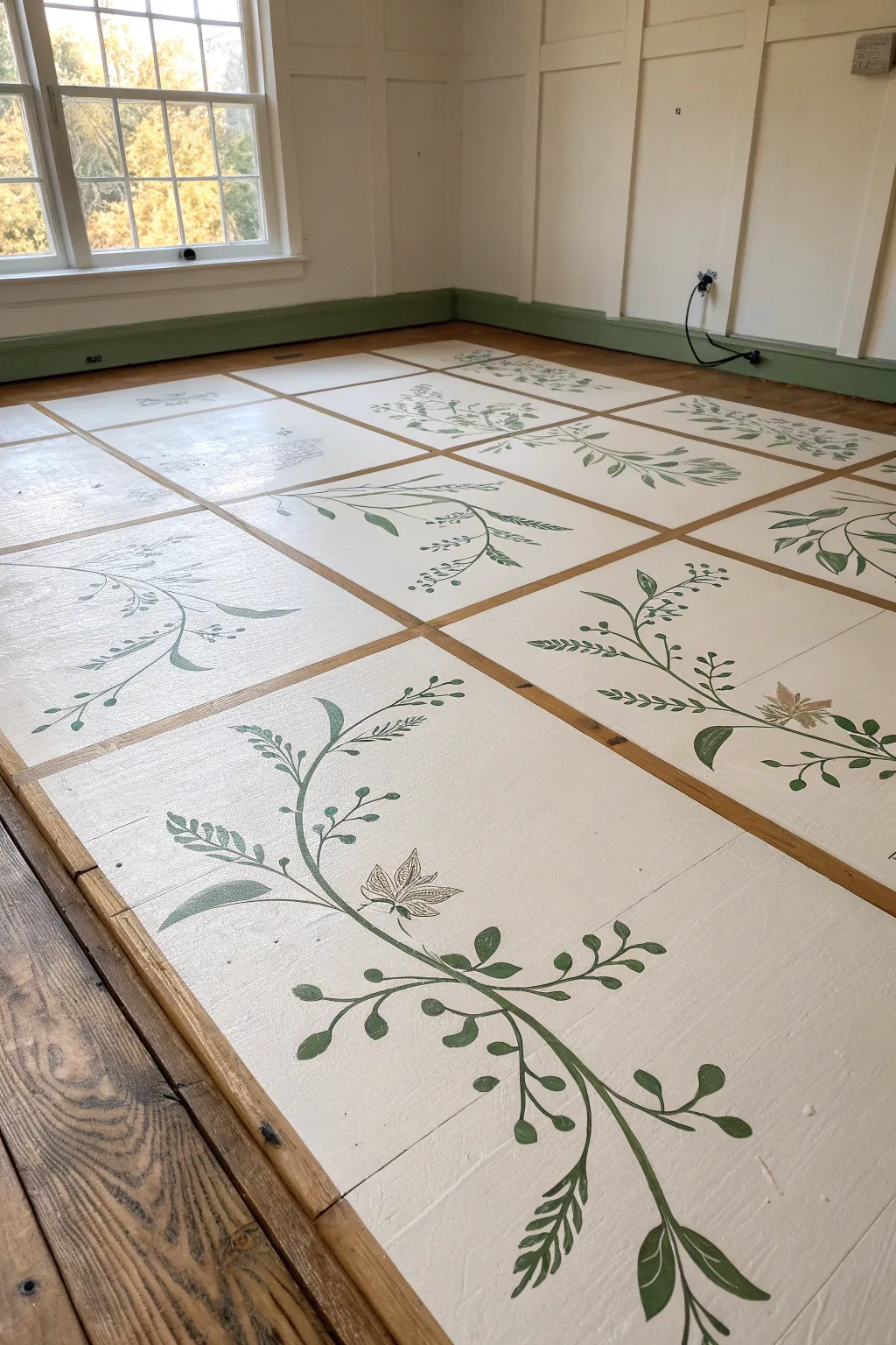 Hand-painted botanical lines flowing across plywood seams for a calm, minimal floor moment