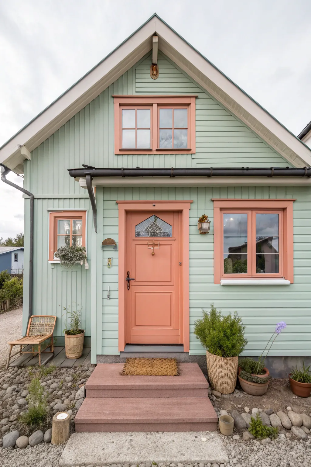 Pastel-painted house with tasteful multicolor trim and a bright door for playful curb appeal