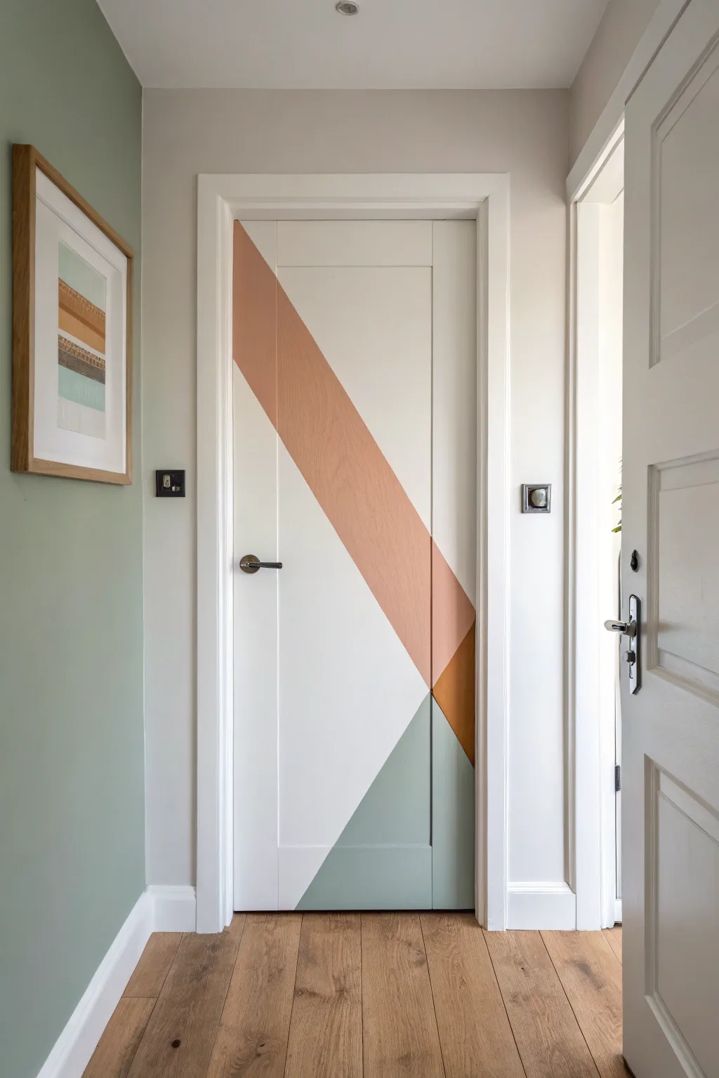 Crisp geometric color blocking transforms a flat door into a modern Scandinavian statement