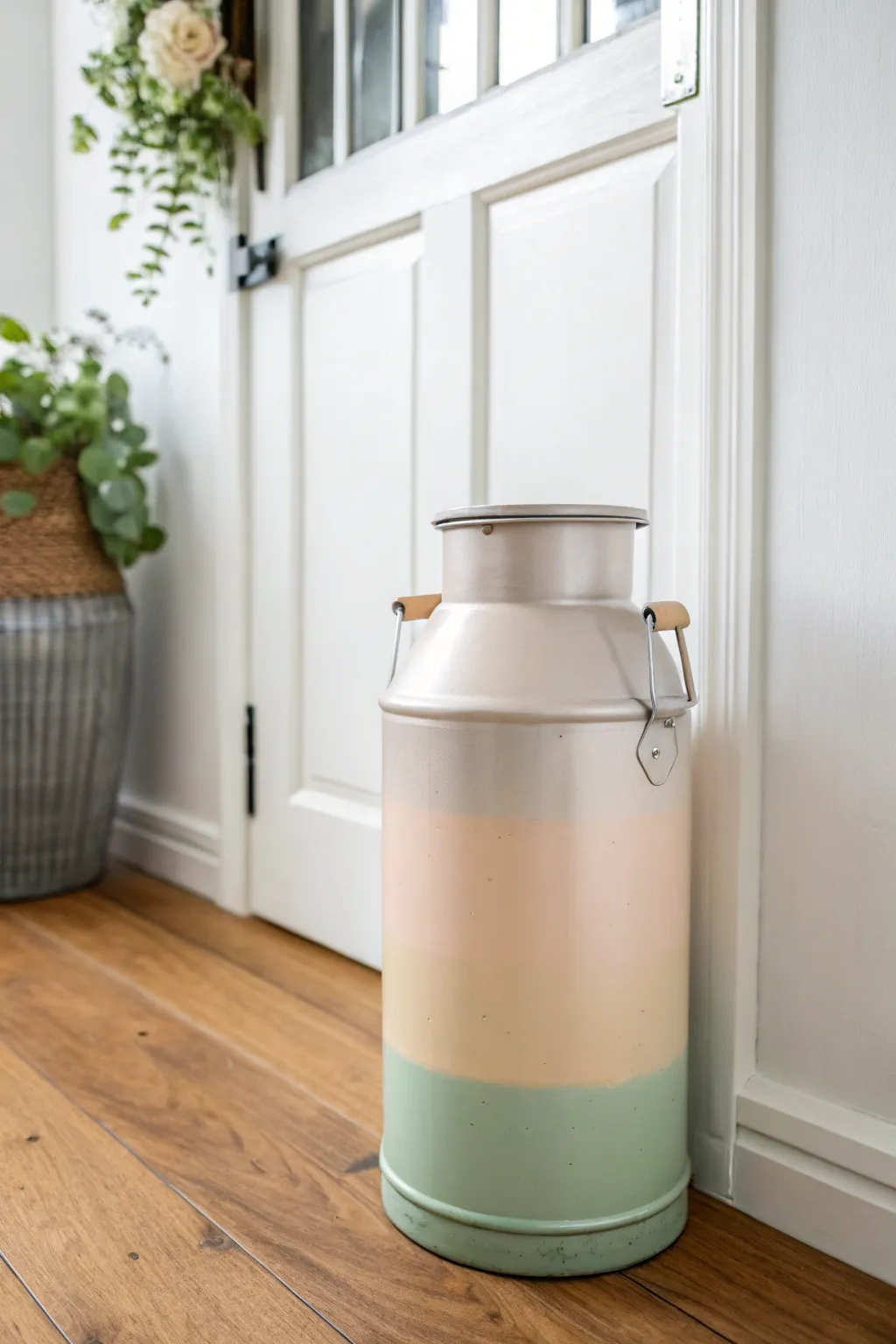 Modern ombre color block milk can in a bright minimalist entryway with soft boho warmth