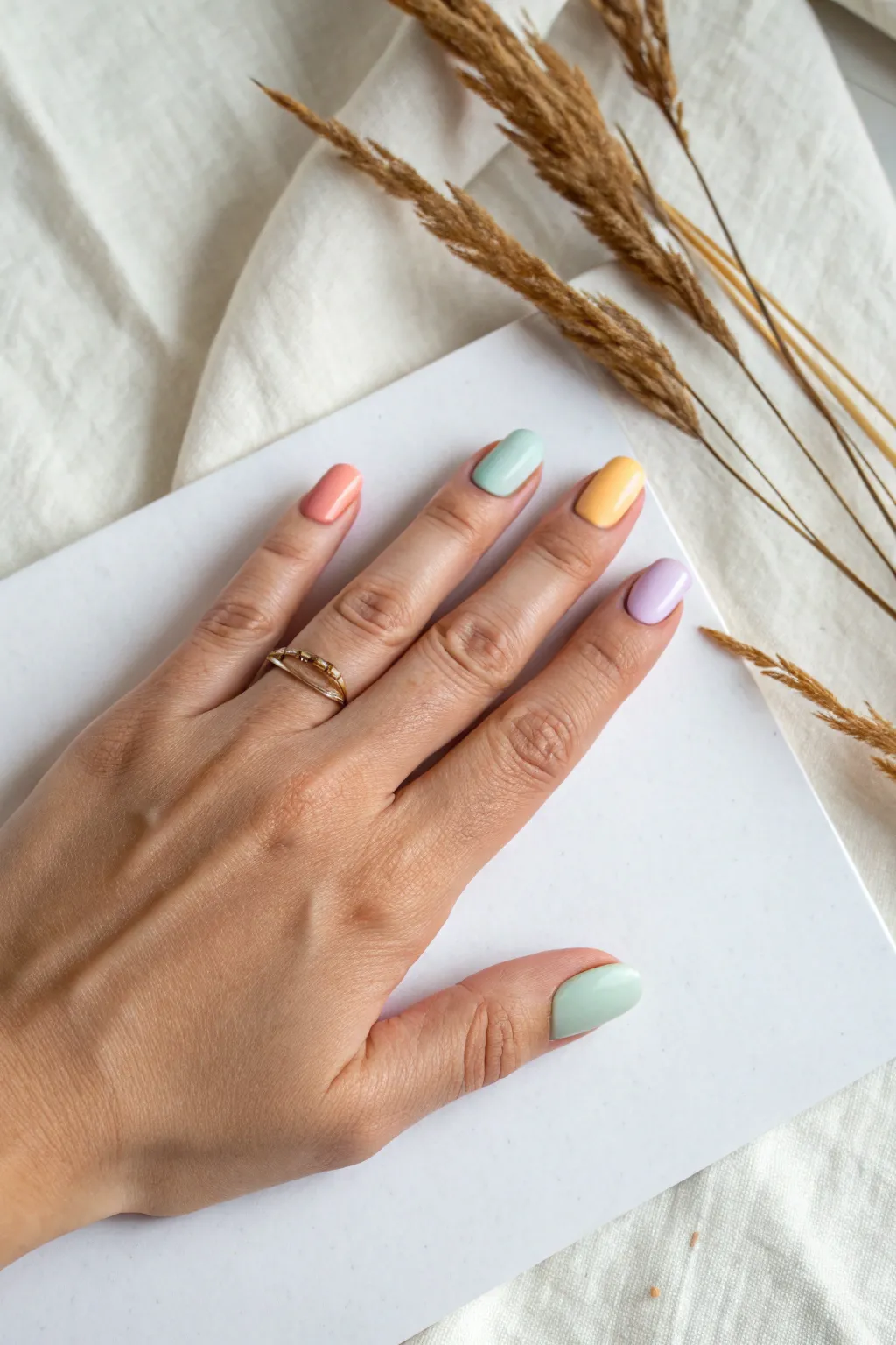 Seasonal palette manicure: one hand, four seasons, minimalist contrast for Pinterest saves