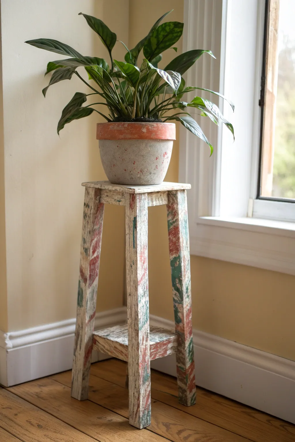 Abstract brushstrokes transform a simple plant stand into a mini canvas with soft boho charm.