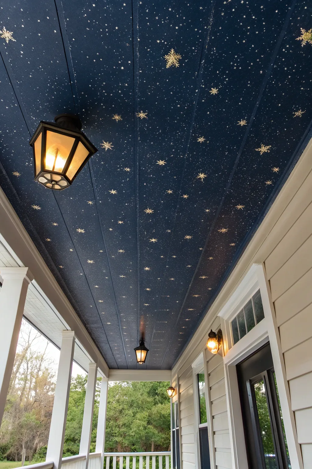 Night-sky porch ceiling at dusk with warm light and delicate stars for a dreamy entry moment